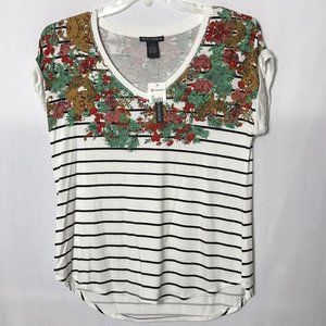 Chelsea & Theodore Womens Top Sz M Floral Striped White Multicolored Hi Lo New
